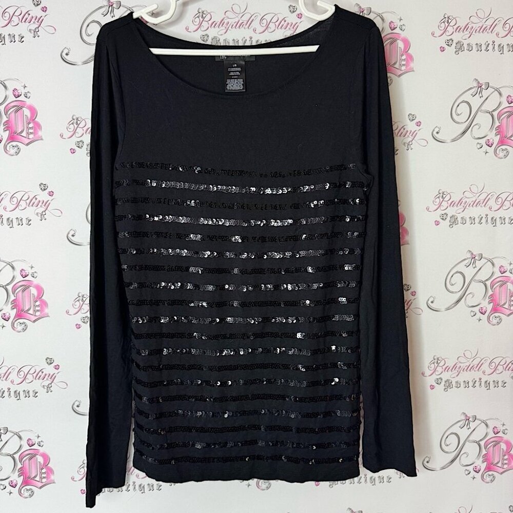 INC sparkly embroidery Black Sequin Long Sleeve Top stripes
